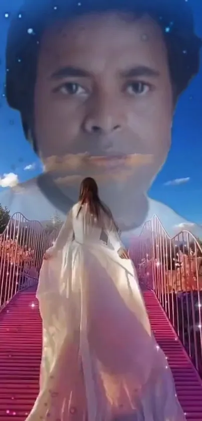 Woman in white on a surreal pink bridge under a starry, blue sky.