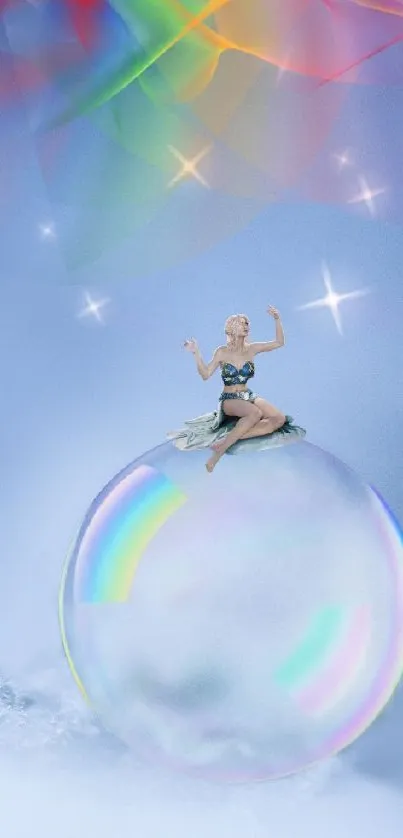 Woman on a glowing bubble with colorful waves and stars in a dreamy fantasy wallpaper.