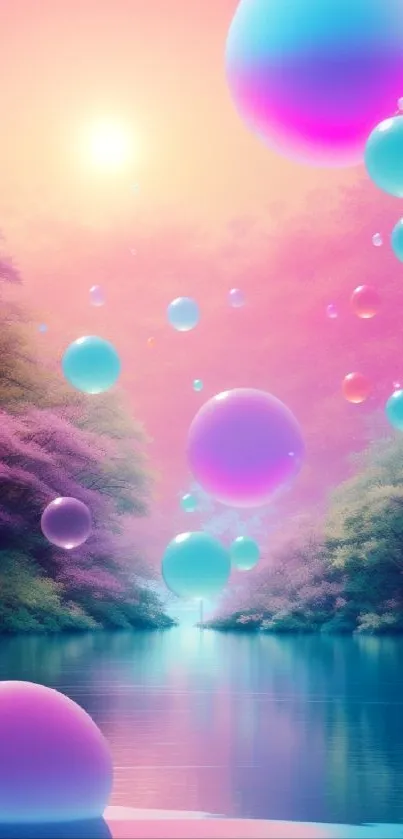 Dreamy pastel landscape with bubbles on a tranquil water surface.