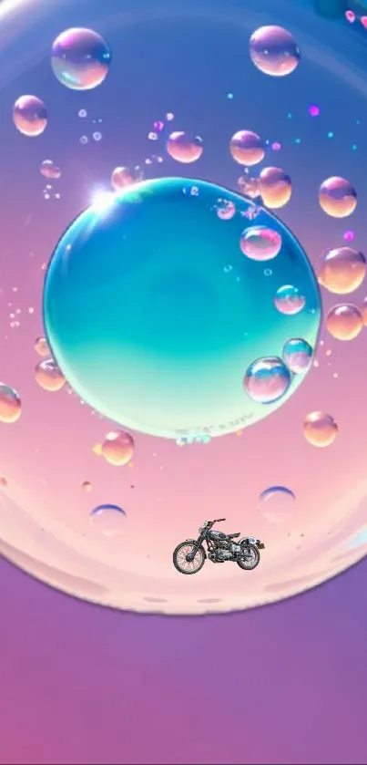 Vibrant bubble with motorcycle on dreamy mobile wallpaper.