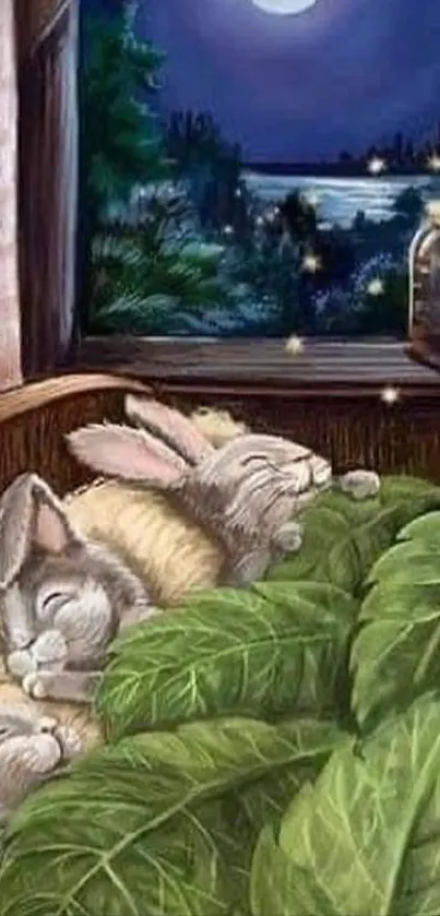 Bunnies sleeping under moonlit sky with fireflies glowing around them.