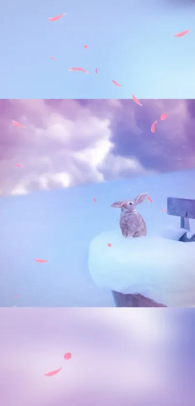 Dreamy winter scene with bunny on snow, pink petals, and pastel sky.