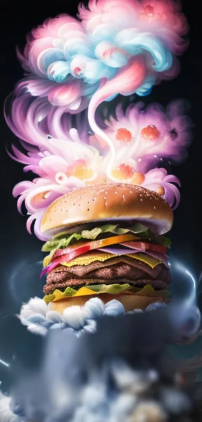 Surreal burger with vibrant, swirling colors in a dreamy artistic wallpaper.