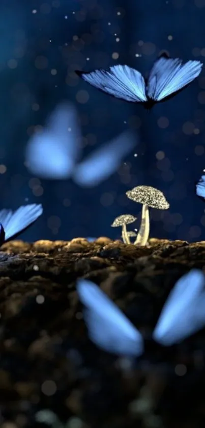 Blue butterflies hover over glowing mushrooms at night.