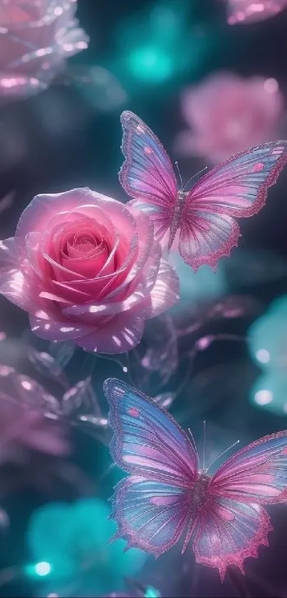 Enchanting pink butterflies amidst glowing roses, creating a dreamy mobile wallpaper.