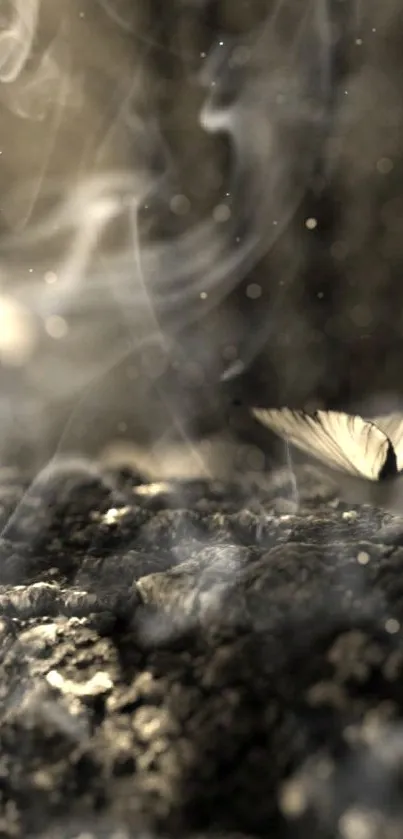 Ethereal butterflies in smoke on a dark textured background.