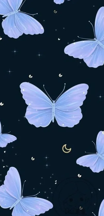 Dreamy blue butterflies under a starry night sky.