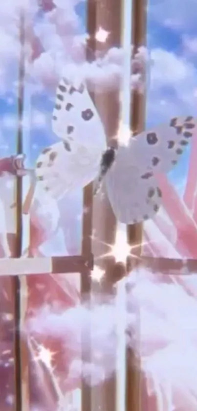 Dreamy butterfly with pink clouds and sparkles.