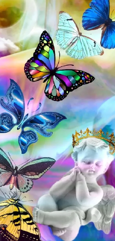 Colorful butterfly wallpaper with angel statue and rainbow hues.