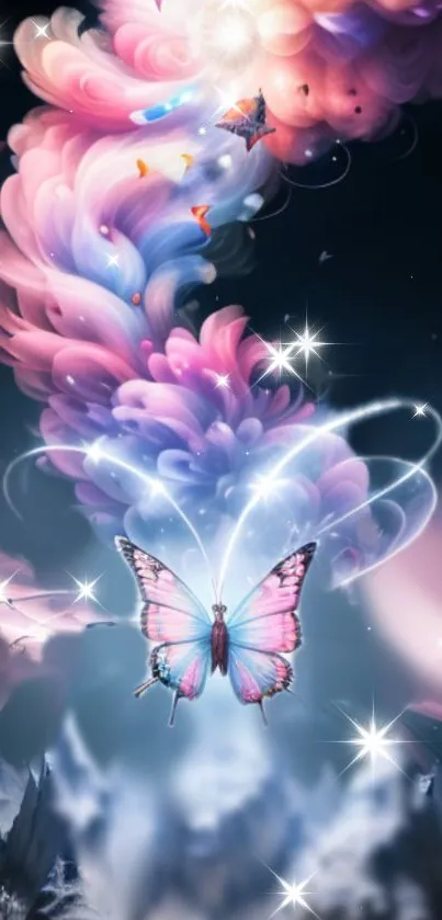 Magical scene with butterfly and colorful swirling clouds against starry night.