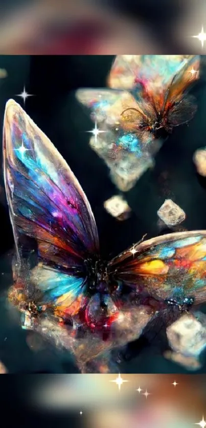 Ethereal butterfly art wallpaper with dreamy, colorful wings and sparkles.