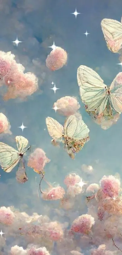 Dreamy butterflies fluttering in pastel clouds, creating a serene, artistic wallpaper.