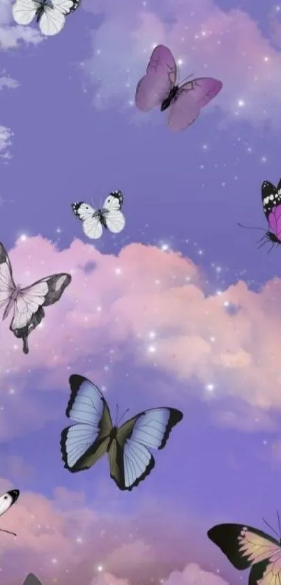 Lavender sky with butterflies and clouds wallpaper.