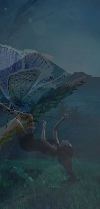 Surreal wallpaper with a butterfly and floating figure in a mystical landscape.