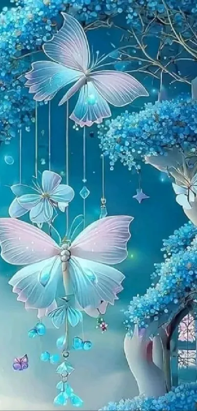 A surreal fantasy wallpaper with hanging butterflies and blue trees.