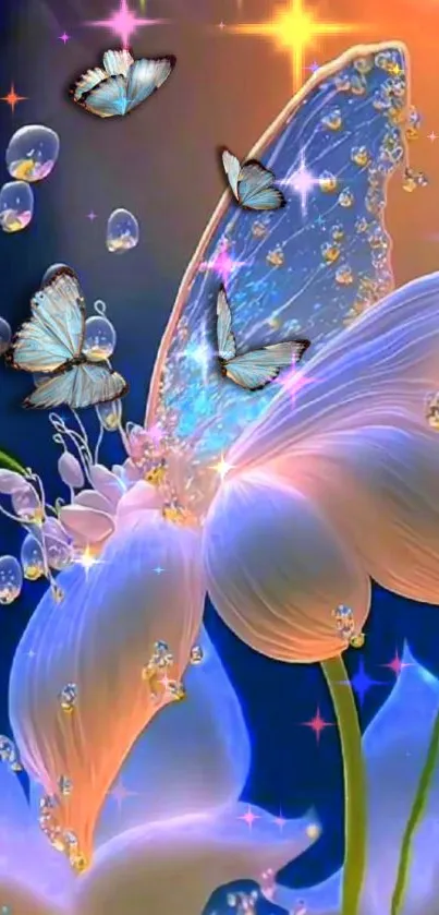 Sparkling butterflies fluttering over luminous petals in a whimsical, dreamy landscape.