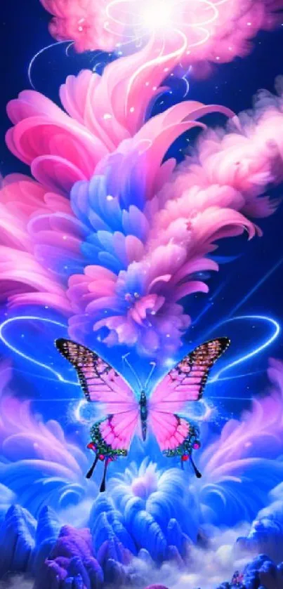Fantasy wallpaper with a luminous butterfly and vibrant clouds.