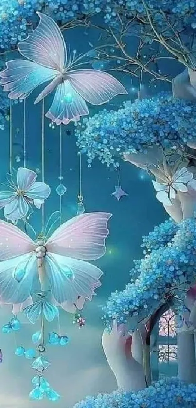 Dreamy butterfly fantasy art with soft pastels and mystical forest theme.