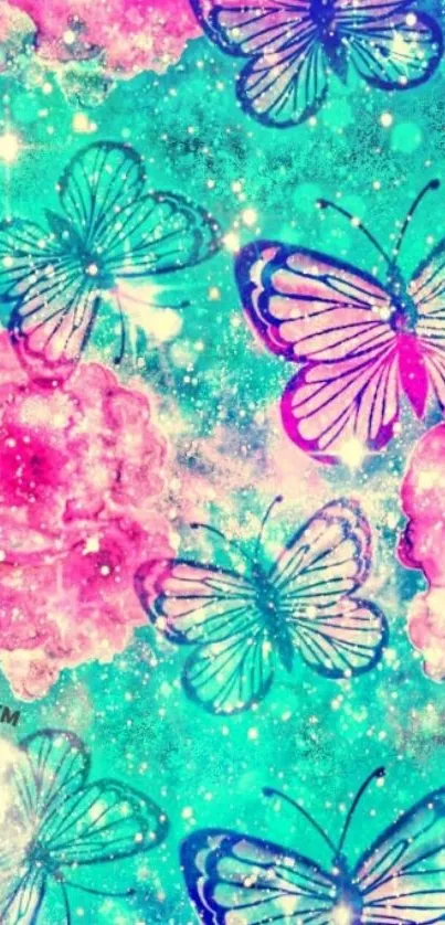 Colorful butterflies and floral mobile wallpaper with dreamy hues.