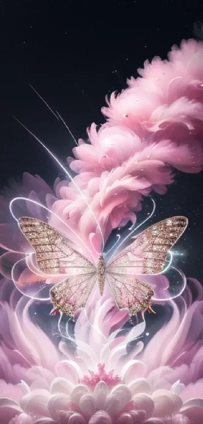 Beautiful pink butterfly on floral fantasy background.