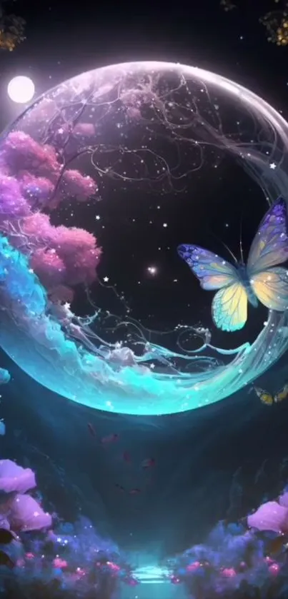 Fantasy wallpaper with butterfly and glowing orb under moonlight.