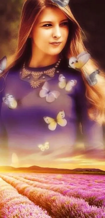 Young woman in a lavender field with butterflies, set against a sunset glow.