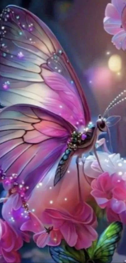 A mystical butterfly rests on vibrant pink florals in a dreamy scene.