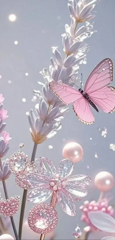 Pink butterfly on pastel floral wallpaper.