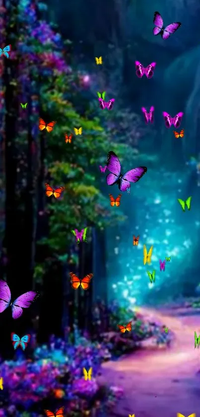 Vibrant forest path with colorful butterflies floating in a mystical realm.