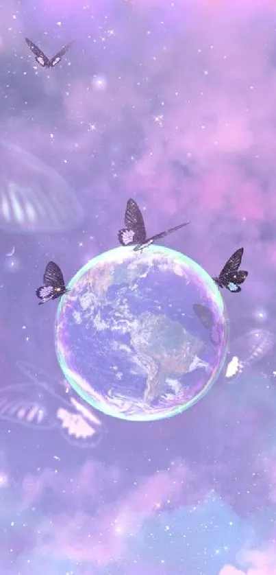 Dreamy galaxy wallpaper with butterflies and Earth.