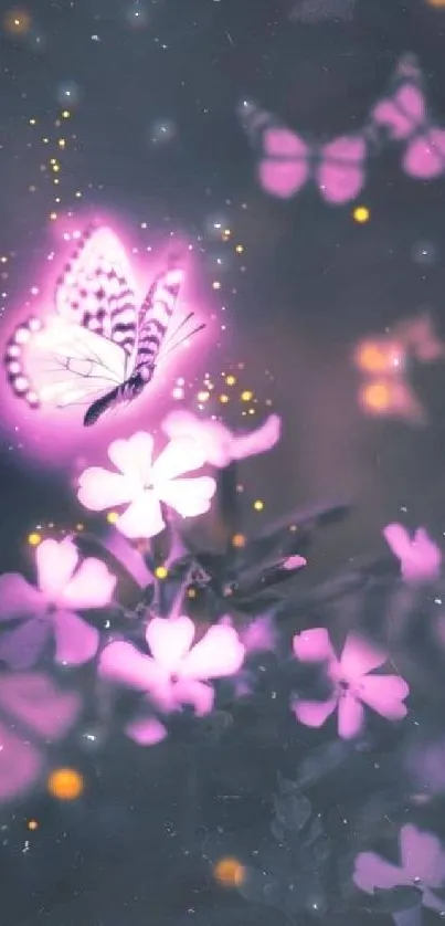 Dreamy wallpaper with glowing butterflies and flowers in a mystical setting.