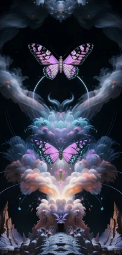 Magical wallpaper with butterflies and clouds in an indigo fantasy scene.