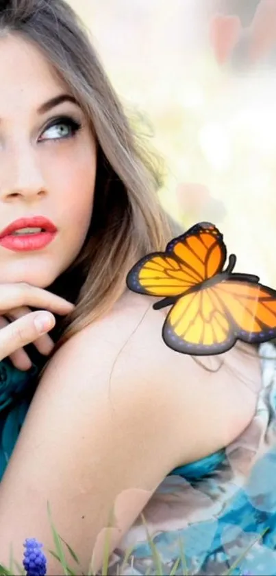 Woman with butterfly on shoulder in serene portrait wallpaper.