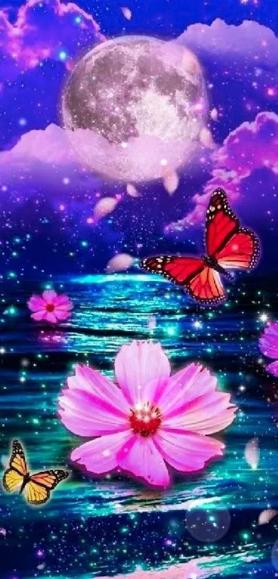 Purple night sky with butterflies and flowers under a glowing moon.