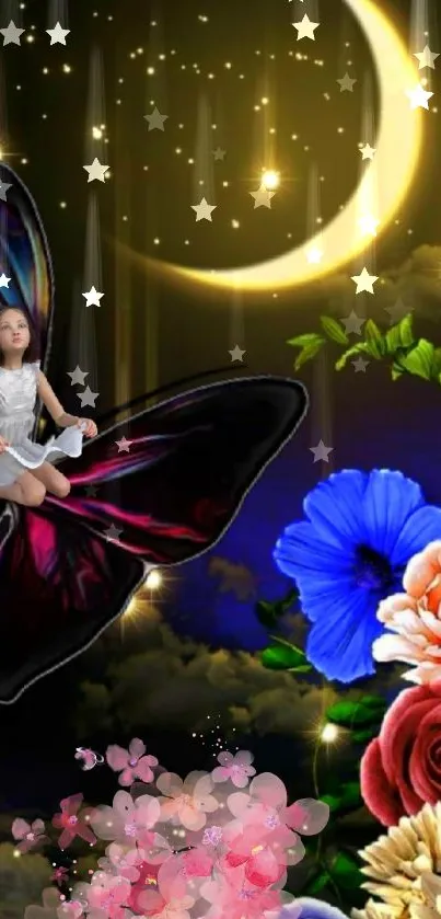 A child on a butterfly under a starry sky with moon and flowers.