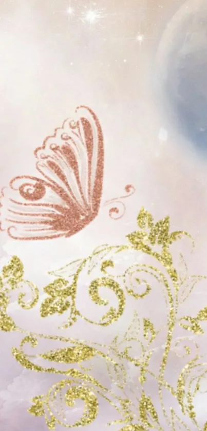 Enchanted butterfly and moonlit sky wallpaper with golden accents.