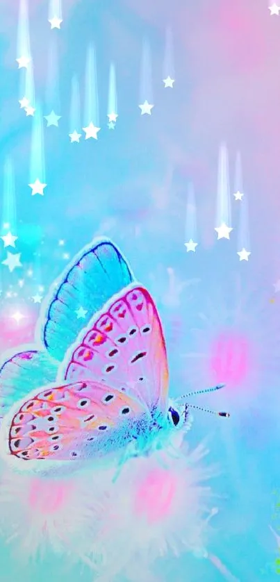 Dreamy pastel butterfly with stars on light blue background.