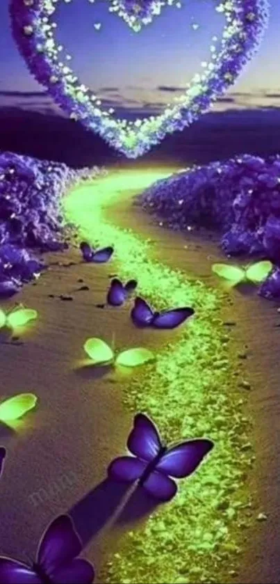 Luminescent butterflies and glowing path under a starlit sky.