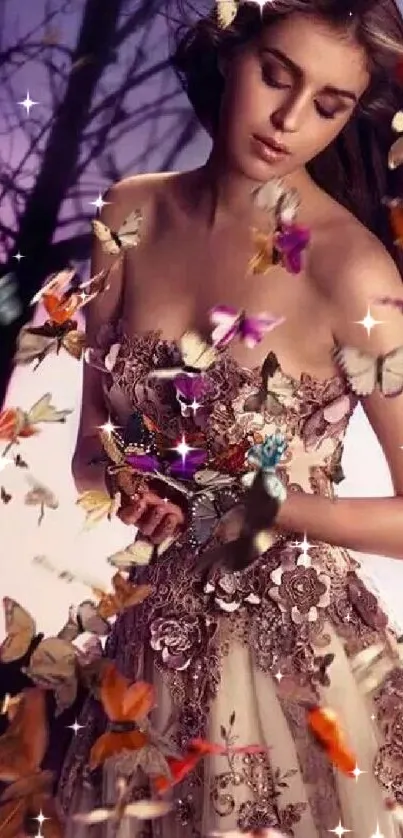 Woman surrounded by butterflies in a dreamy, mystical scene.