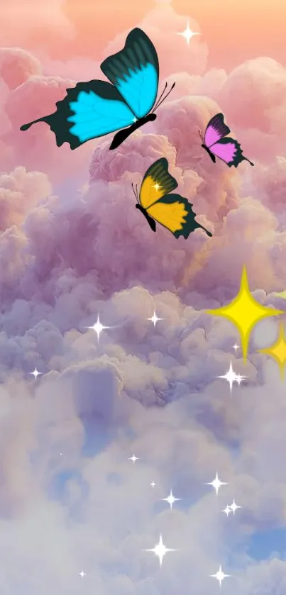 Colorful butterflies with stars in a dreamy sunset sky.