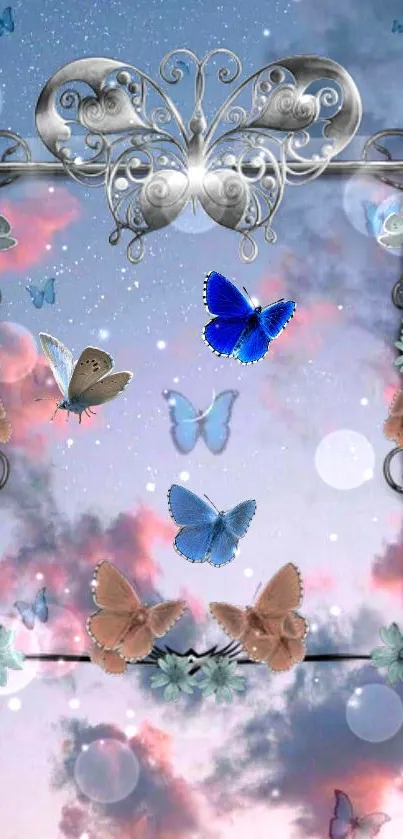 Dreamy butterfly wallpaper with pastel sky and silver accents.