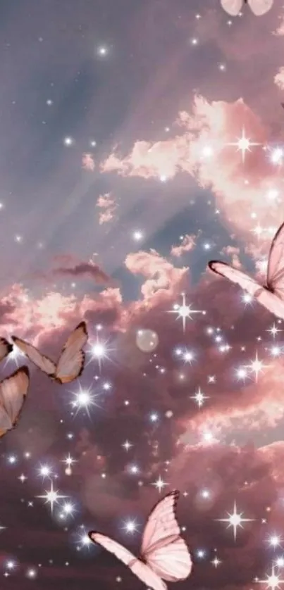 Pink butterflies flutter in a dreamy, starry sky.