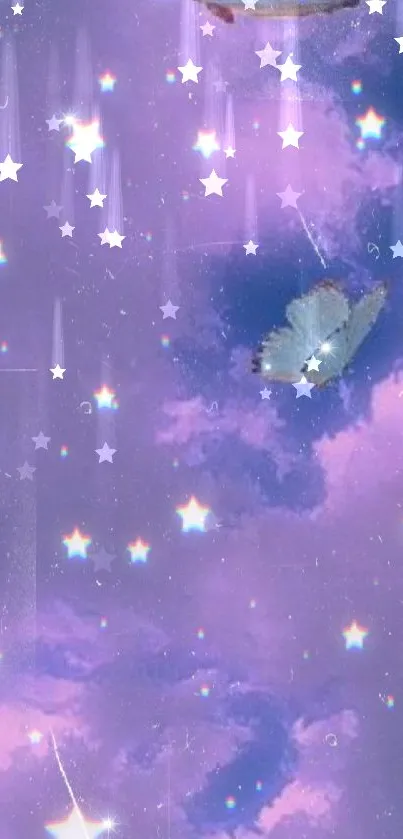 Dreamy night sky wallpaper with butterflies and stars in pastel lavender hues.