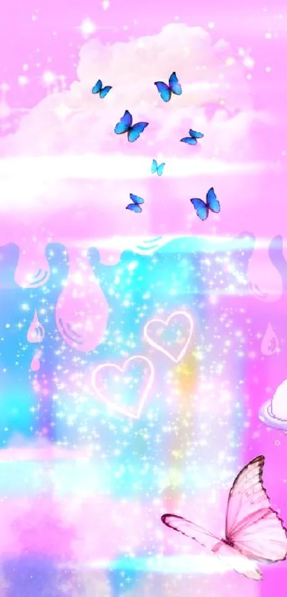 Pink wallpaper with butterflies and dreamy clouds with pastel sparkles.