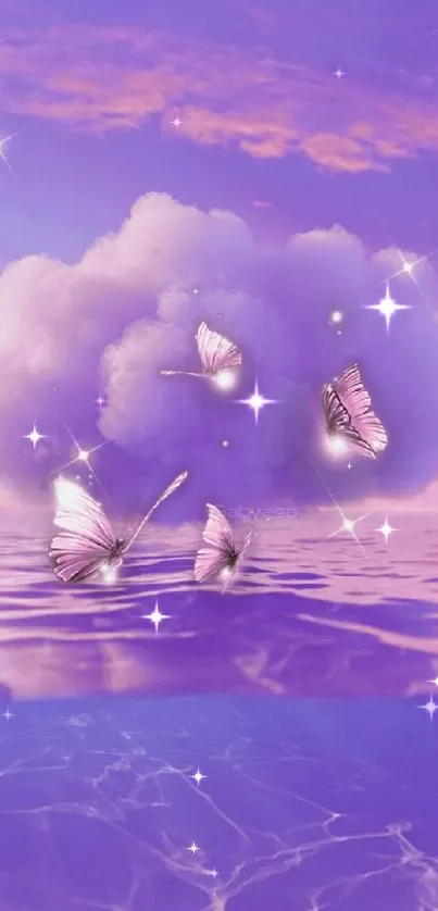 A mystical scene with butterflies, clouds, a purple ocean, and glowing moon.