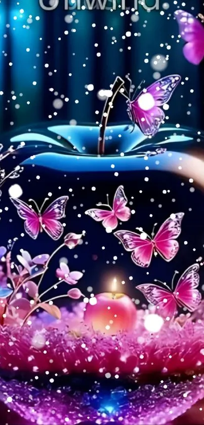 Fantasy snow globe with butterflies and blossoms wallpaper.