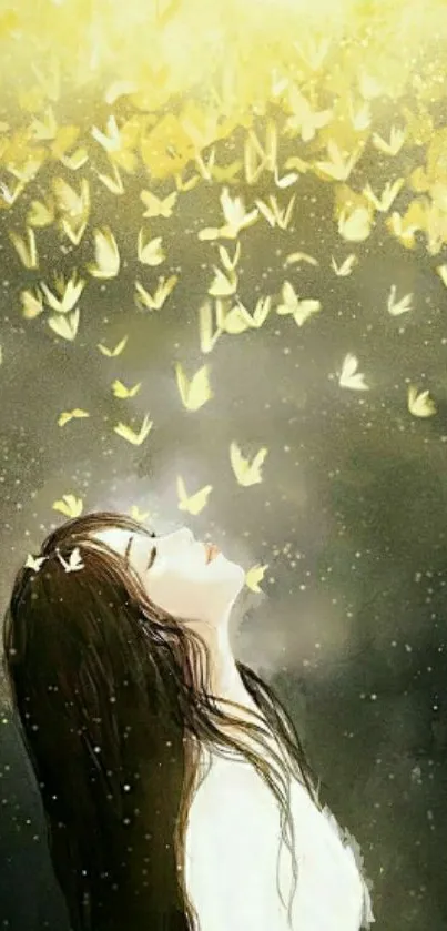 Dreamy wallpaper of girl gazing at golden butterflies.