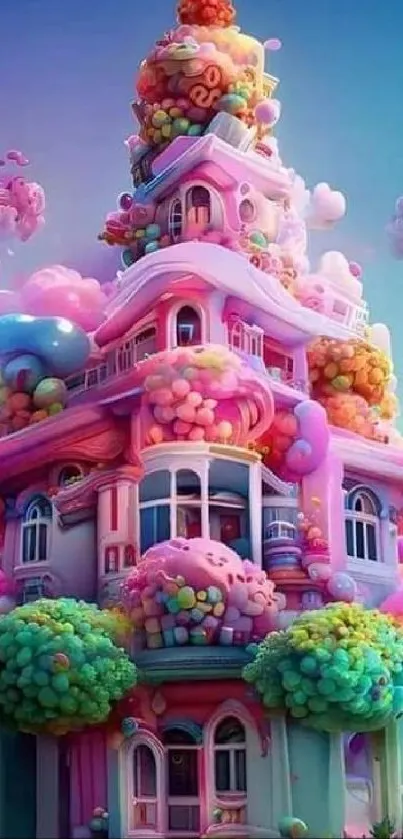 Whimsical house decorated with candy and clouds in a colorful fantasy setting.