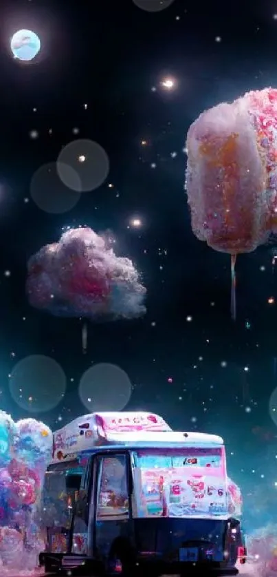 Dreamy candy sky with colorful clouds and an ice cream van.