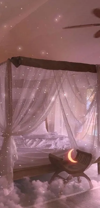 Dreamy canopy bed and serene night scene wallpaper.